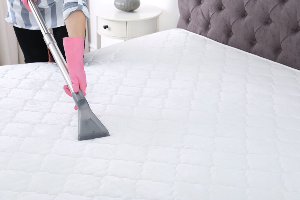 Woman Disinfecting Mattress With Vacuum Cleaner, Closeup. Space